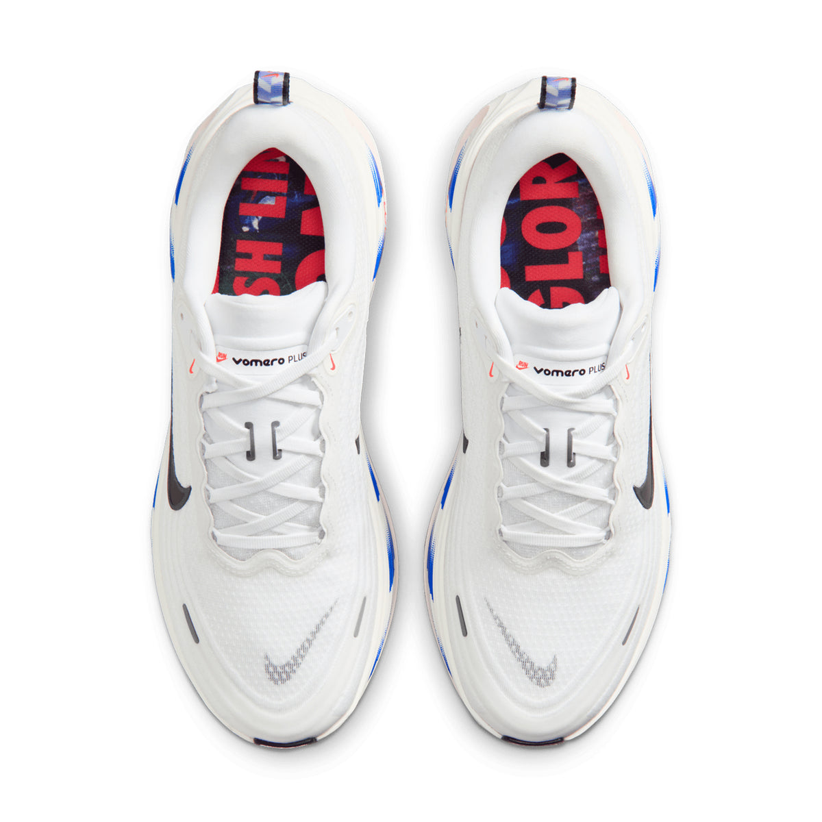 Men's Nike Vomero Plus Running Shoes White Black Racer Blue Bright Crimson top view showing premium upper construction with breathable materials for everyday training