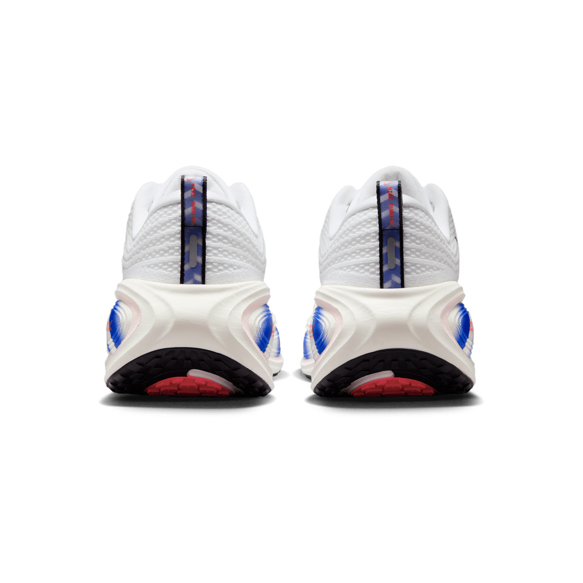 Men's Nike Vomero Plus Running Shoes White Black Racer Blue Bright Crimson heel view showing dual Air Zoom units with full-length ZoomX foam stack for maximum cushioning