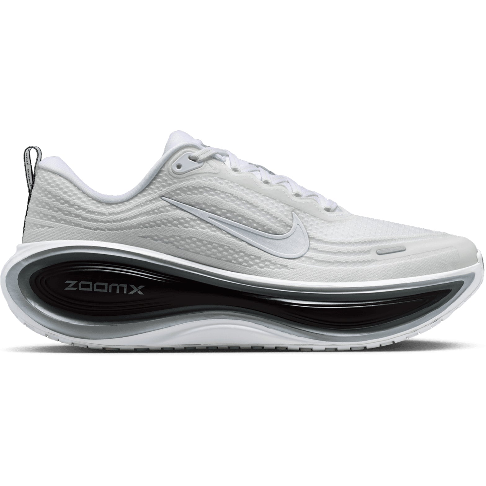 Nike Vomero Plus men's running shoe in White / Metallic Silver / Black — outer view showing white engineered mesh upper with metallic silver accent detailing, black contrast and full-length ZoomX foam midsole profile