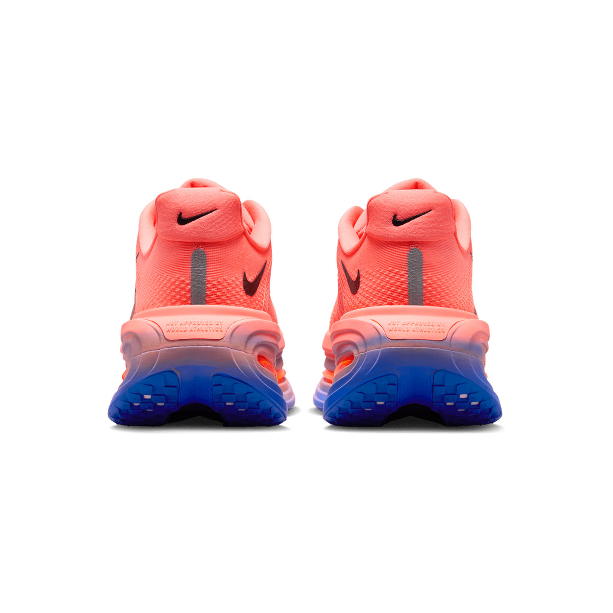 Men's Nike Vomero Premium Running Shoes Atomic Pink Racer Blue heel view showing dual Air Zoom unit with full-length ZoomX foam for cushioned impact protection during landing