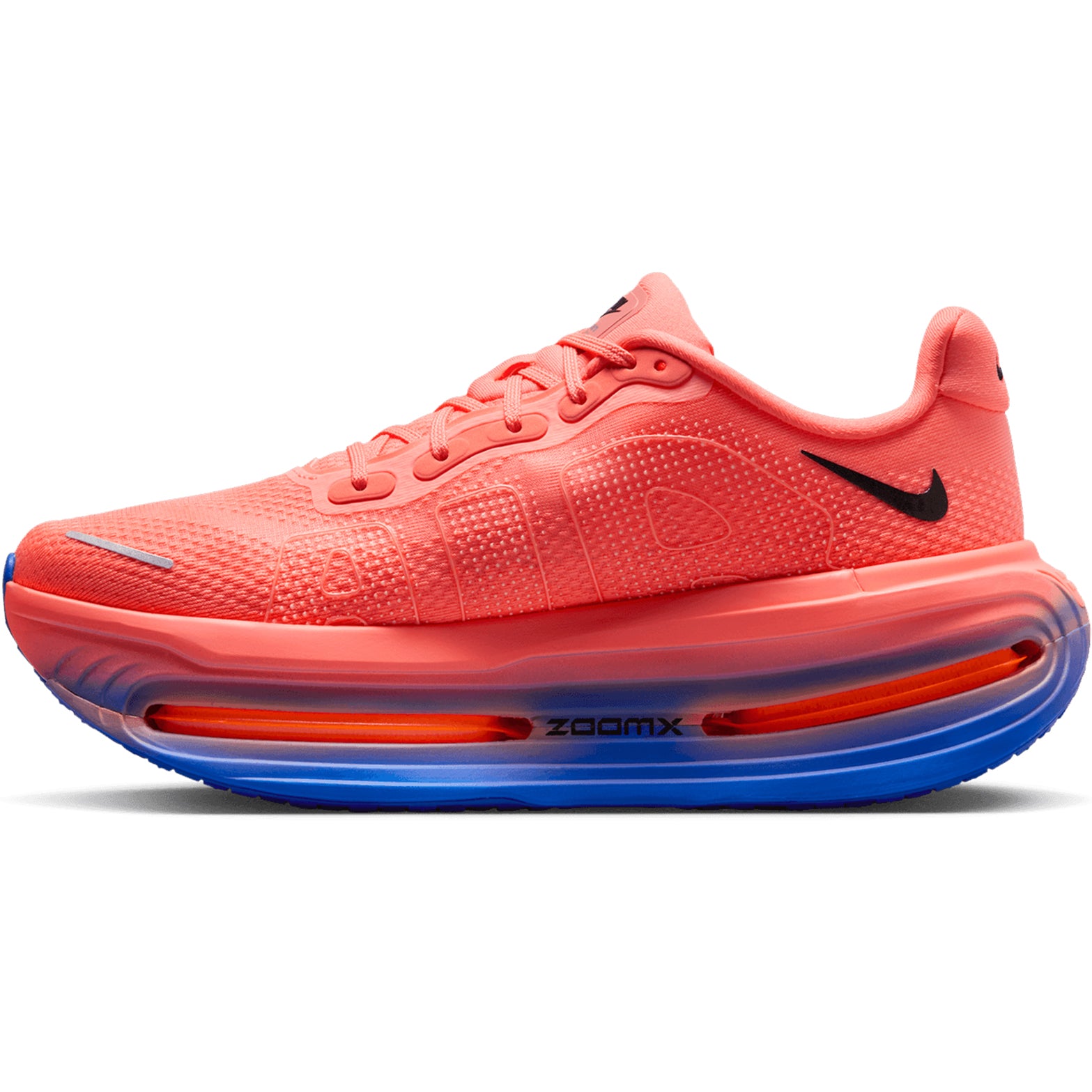 Men's Nike Vomero Premium Running Shoes Atomic Pink Racer Blue inner side view showing ZoomX foam platform with heel Air Zoom unit for responsive impact protection
