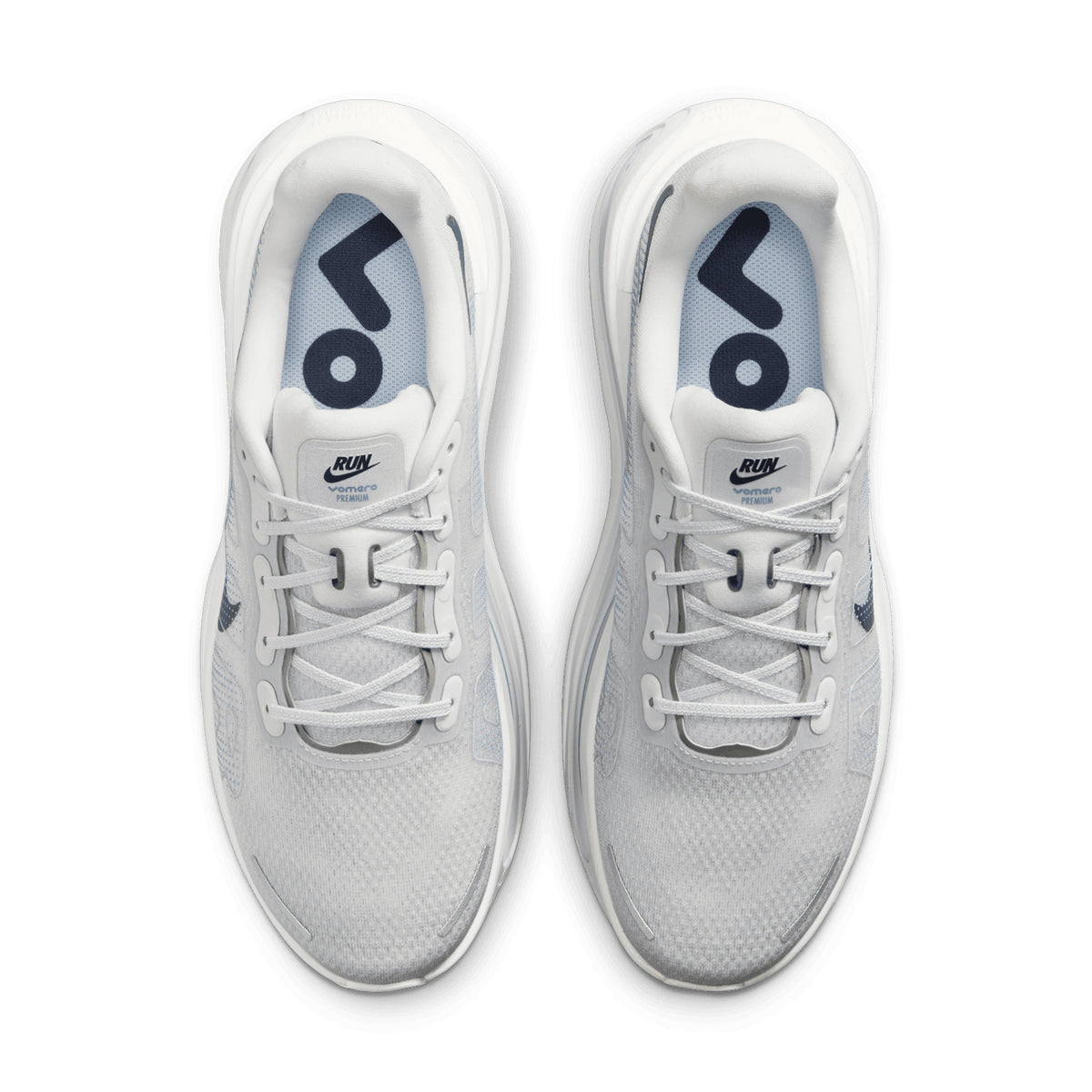 Men's Nike Vomero Premium Running Shoes Off-White Grey Fog Wolf Grey Dark Obsidian top view showing engineered mesh upper with lightweight breathable construction for daily road running