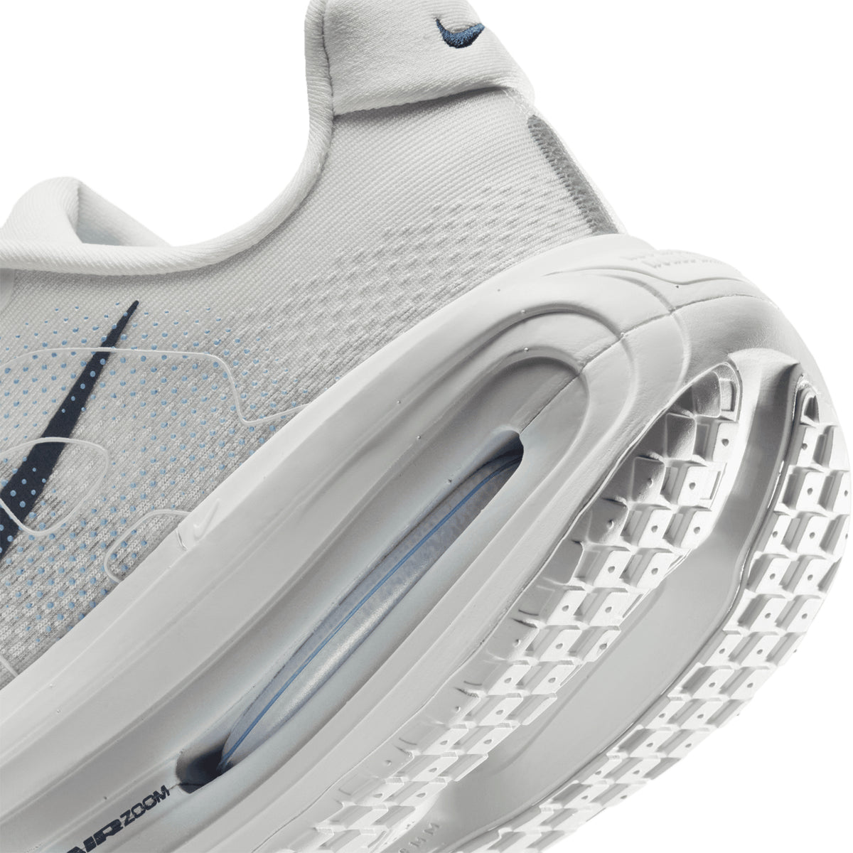 Men's Nike Vomero Premium Running Shoes Off-White Grey Fog Wolf Grey Dark Obsidian angled side and heel view showing dual Air Zoom units surrounded by ZoomX foam with Waffle outsole for plush springy daily road running