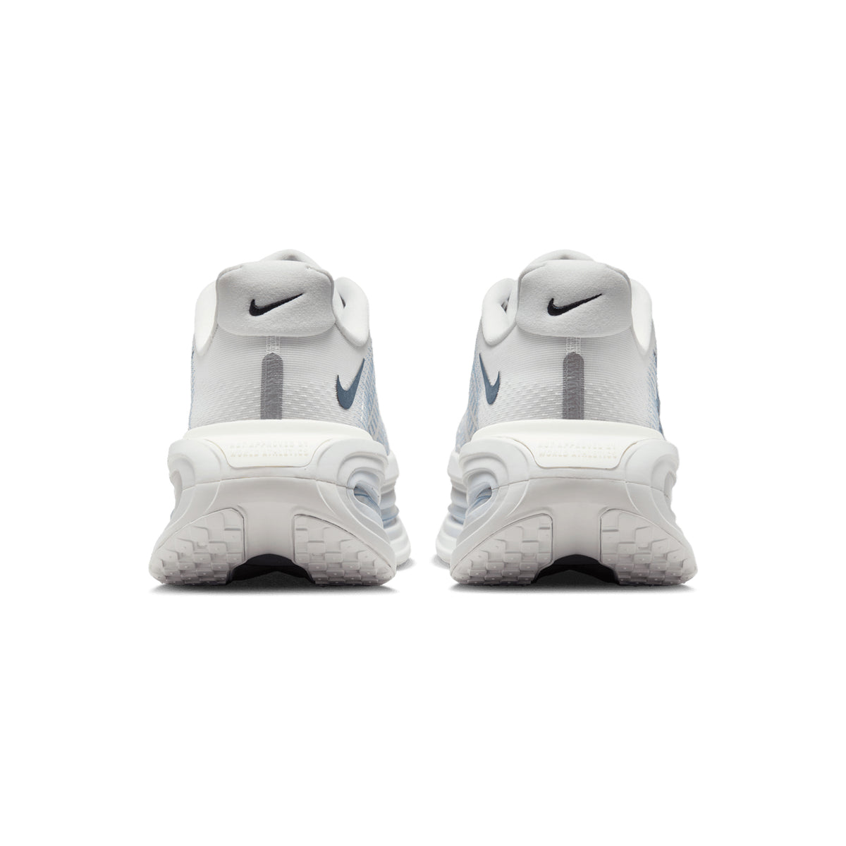 Men's Nike Vomero Premium Running Shoes Off-White Grey Fog Wolf Grey Dark Obsidian heel view showing dual Air Zoom unit with full-length ZoomX foam for cushioned impact protection during landing