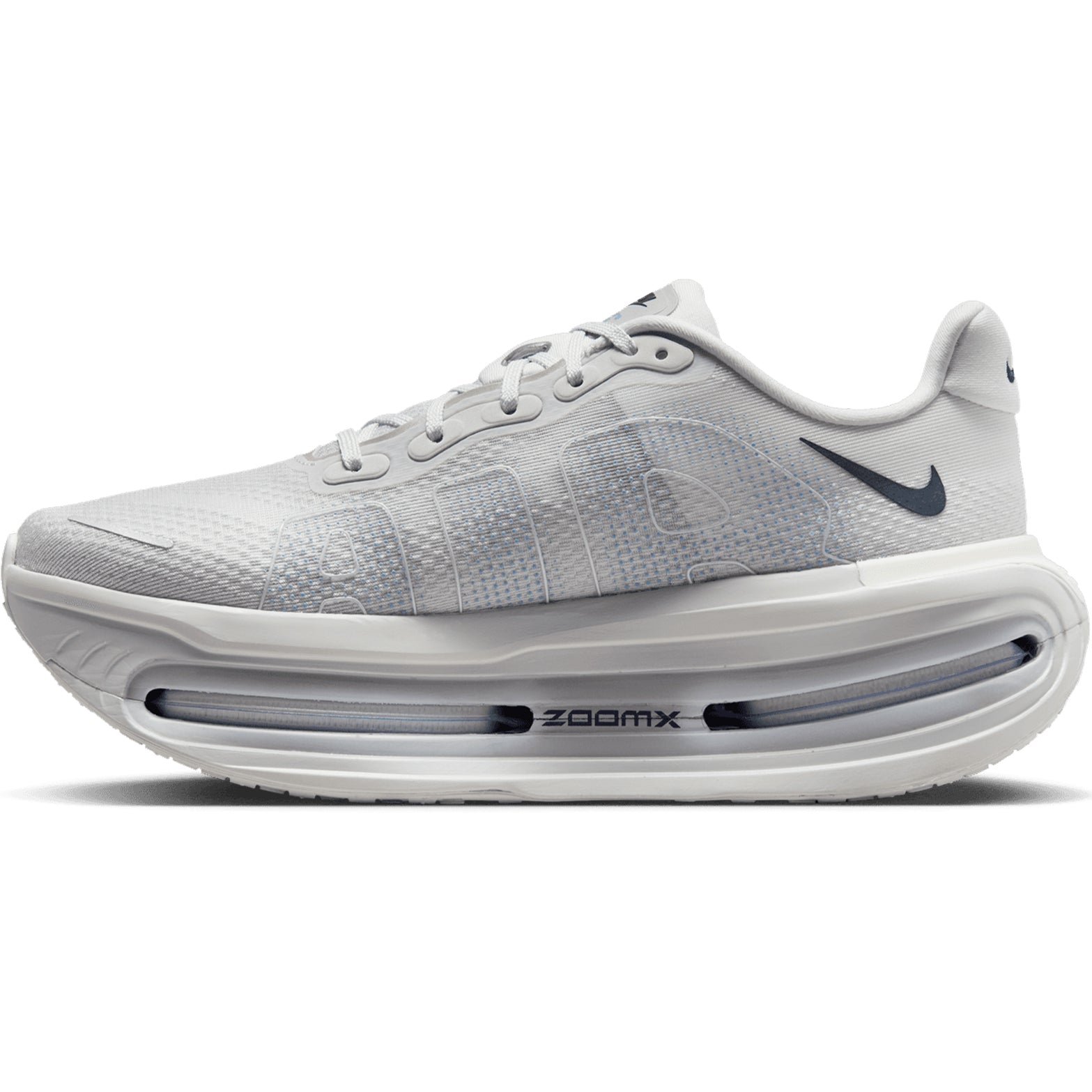 Men's Nike Vomero Premium Running Shoes Off-White Grey Fog Wolf Grey Dark Obsidian inner side view showing ZoomX foam platform with heel Air Zoom unit for responsive impact protection