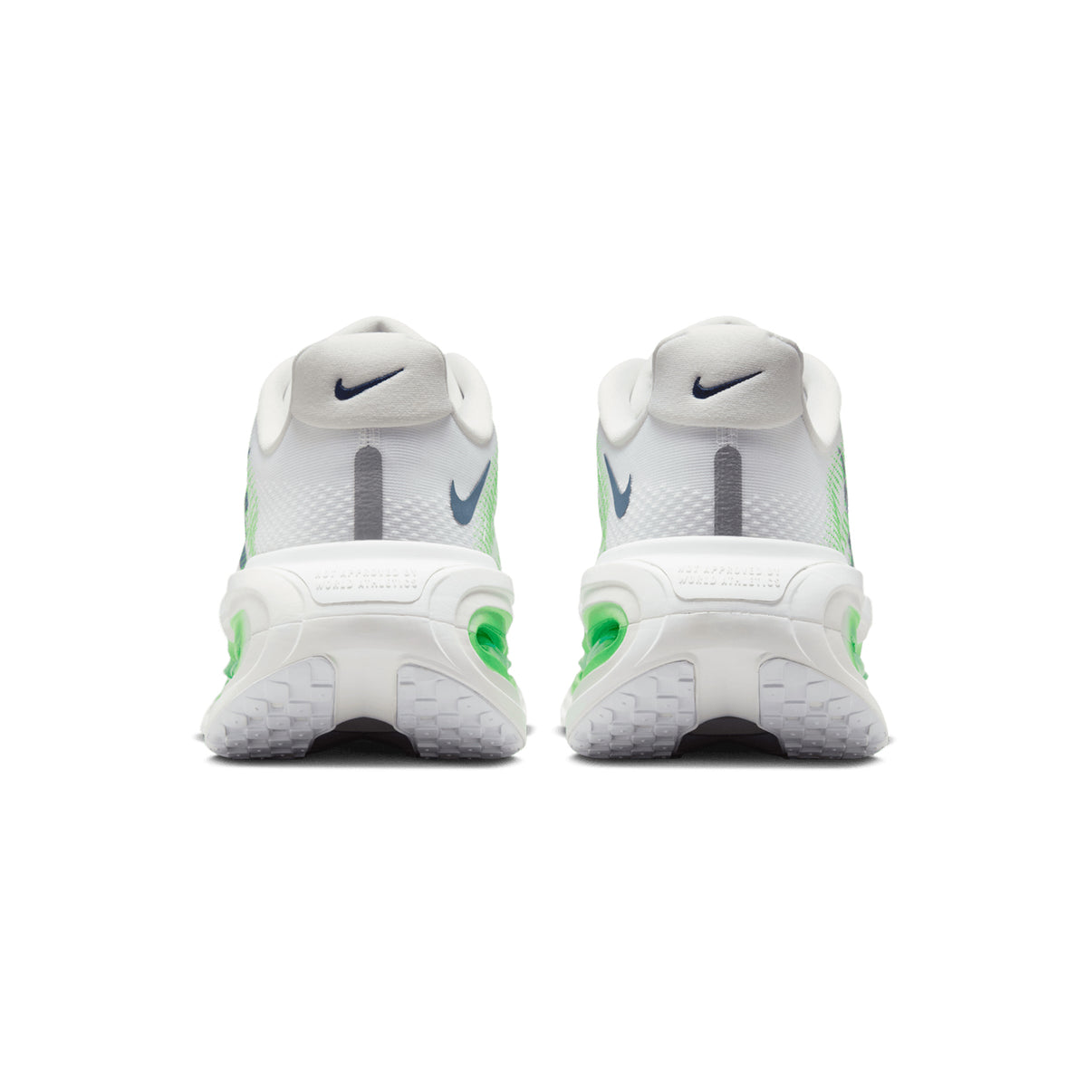 Rear view of a pair of Nike Men’s Vomero Premium Running Shoes in White, Green Spark, Summit White, and Midnight Navy, showcasing visible Nike swooshes, green and gray accents, textured soles, and advanced ZoomX cushioning for superior comfort.