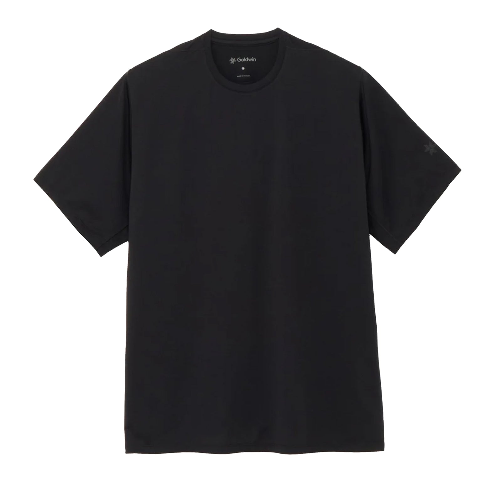 Goldwin Men's WF-Dry Tee Black front view showing polyester mini waffle fabric with finely textured surface and regular fit for active use