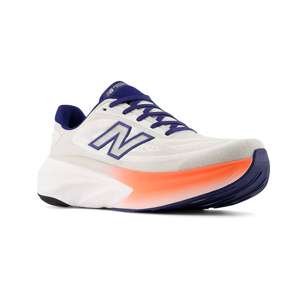 New Balance Fresh Foam X More v6 men's running shoe in Reflection / Blue Oyster / Tangerine Heat — angled view showing high sidewall construction, enhanced rocker heel geometry and blue oyster Fresh Foam X midsole stack