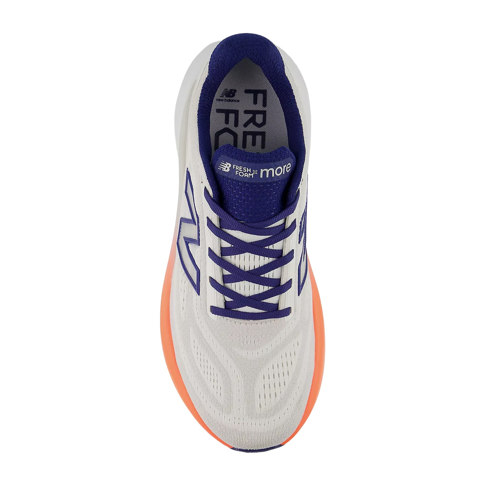 New Balance Fresh Foam X More v6 men's running shoe in Reflection / Blue Oyster / Tangerine Heat — top-down view showing reflection grey engineered mesh upper construction, lace closure and reflective details