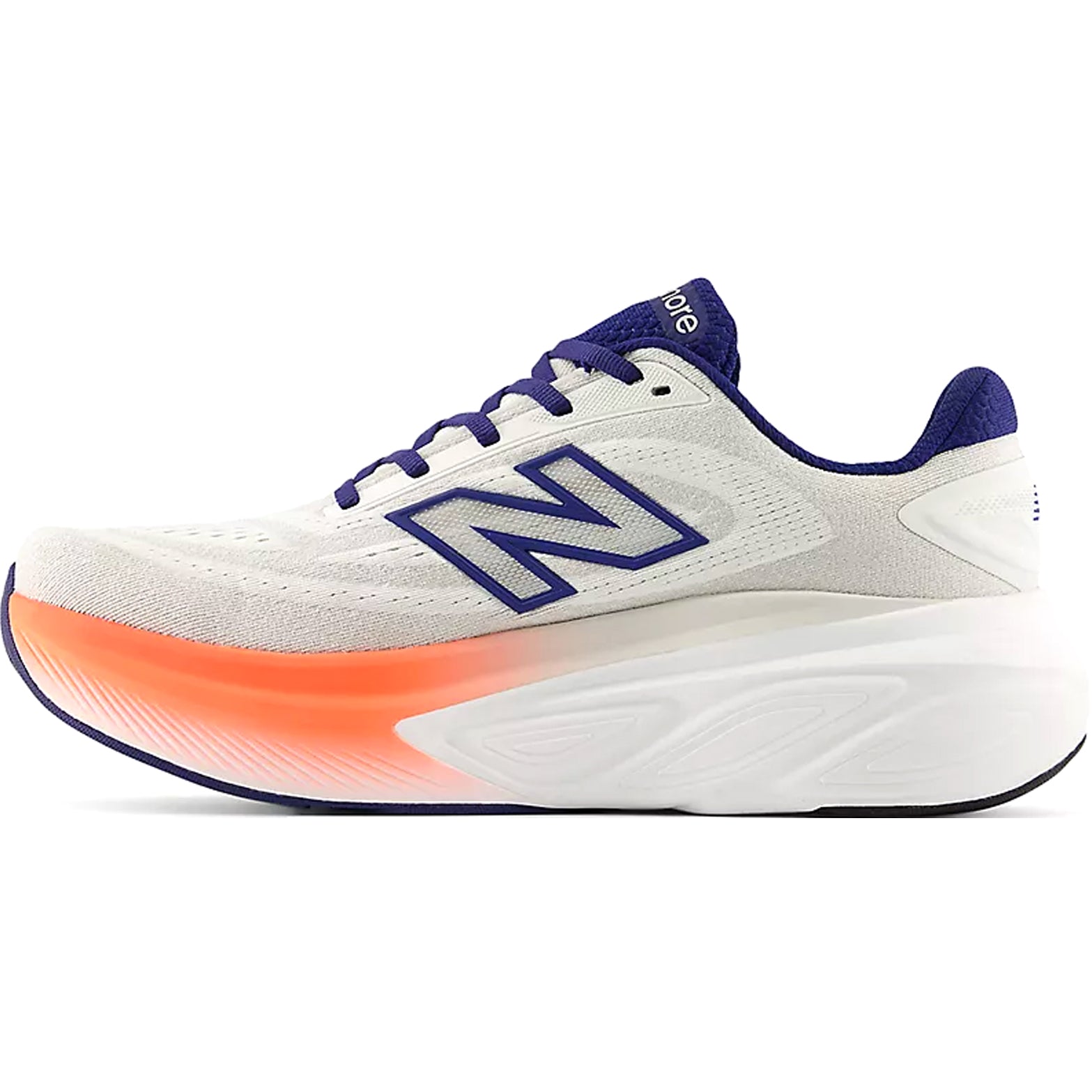New Balance Fresh Foam X More v6 men's running shoe in Reflection / Blue Oyster / Tangerine Heat — inner view showing reflection grey engineered mesh upper, blue oyster midsole detailing and strategic rubber outsole placement