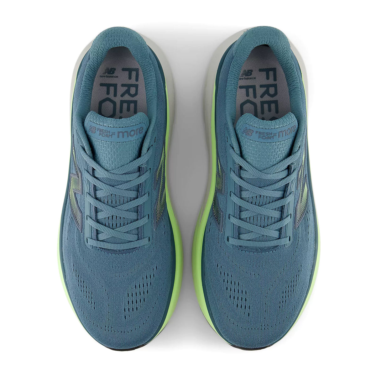 Men's Fresh Foam X More v6 Salt Water Afterglow Grey Matter pair top view showing engineered mesh upper
