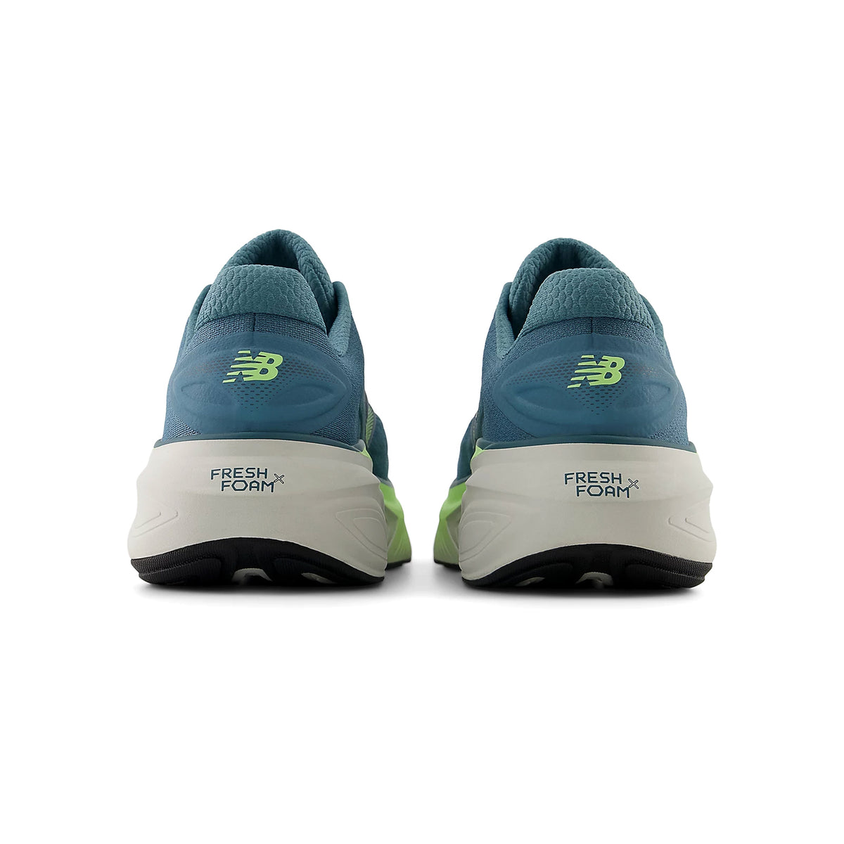 Men's Fresh Foam X More v6 Salt Water Afterglow Grey Matter pair heel view showing wide stable base