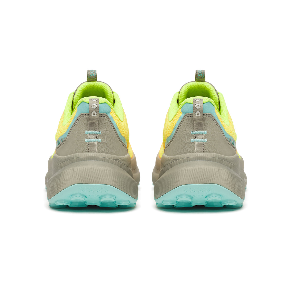 Back view of the Saucony Men’s Xodus Ultra 4 Trail Running Shoe in Vizigold / Laurel, featuring gray and neon yellow-green uppers, aqua blue outsoles, and pull tabs with text on the heel. Engineered by Saucony for maximum cushioning, this trail running shoe is ideal for ultra distance trail adventures.