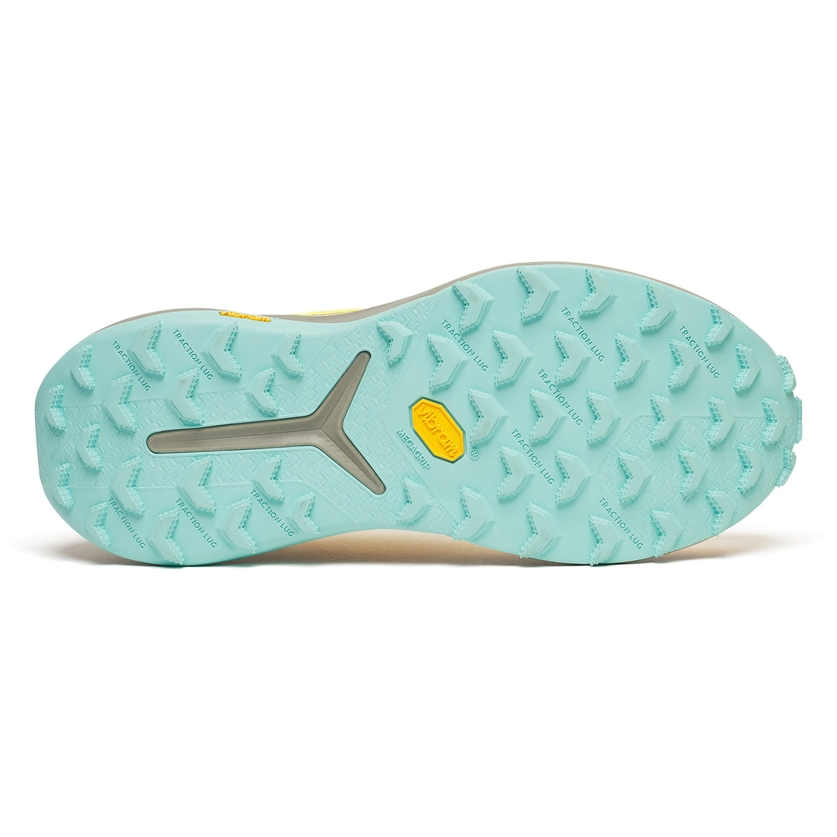 The image shows the light blue Vibram MegaGrip outsole of the Saucony Men’s Xodus Ultra 4 Trail Running Shoe in Vizigold / Laurel, featuring triangular traction lugs and a yellow Vibram logo in the center.