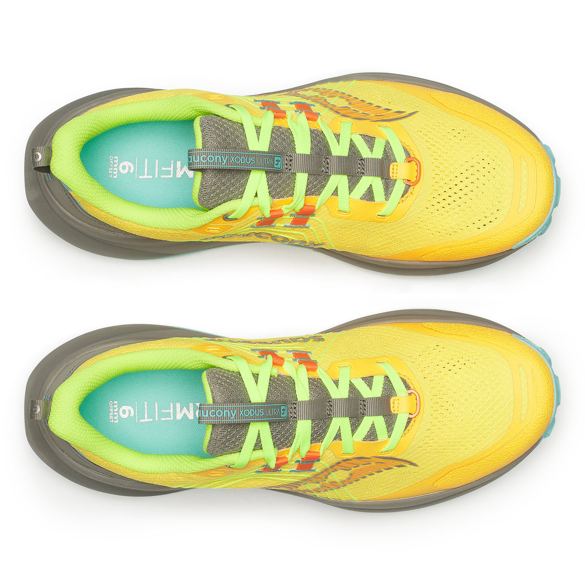 Top view of a pair of Saucony Men’s Xodus Ultra 4 Trail Running Shoes in Vizigold / Laurel, featuring yellow and green uppers with grey accents and turquoise insoles, placed side by side with toes facing right. Designed for ultra-distance trail running, these shoes offer maximum cushioning and a Vibram MegaGrip outsole for exceptional comfort and traction on the trails.