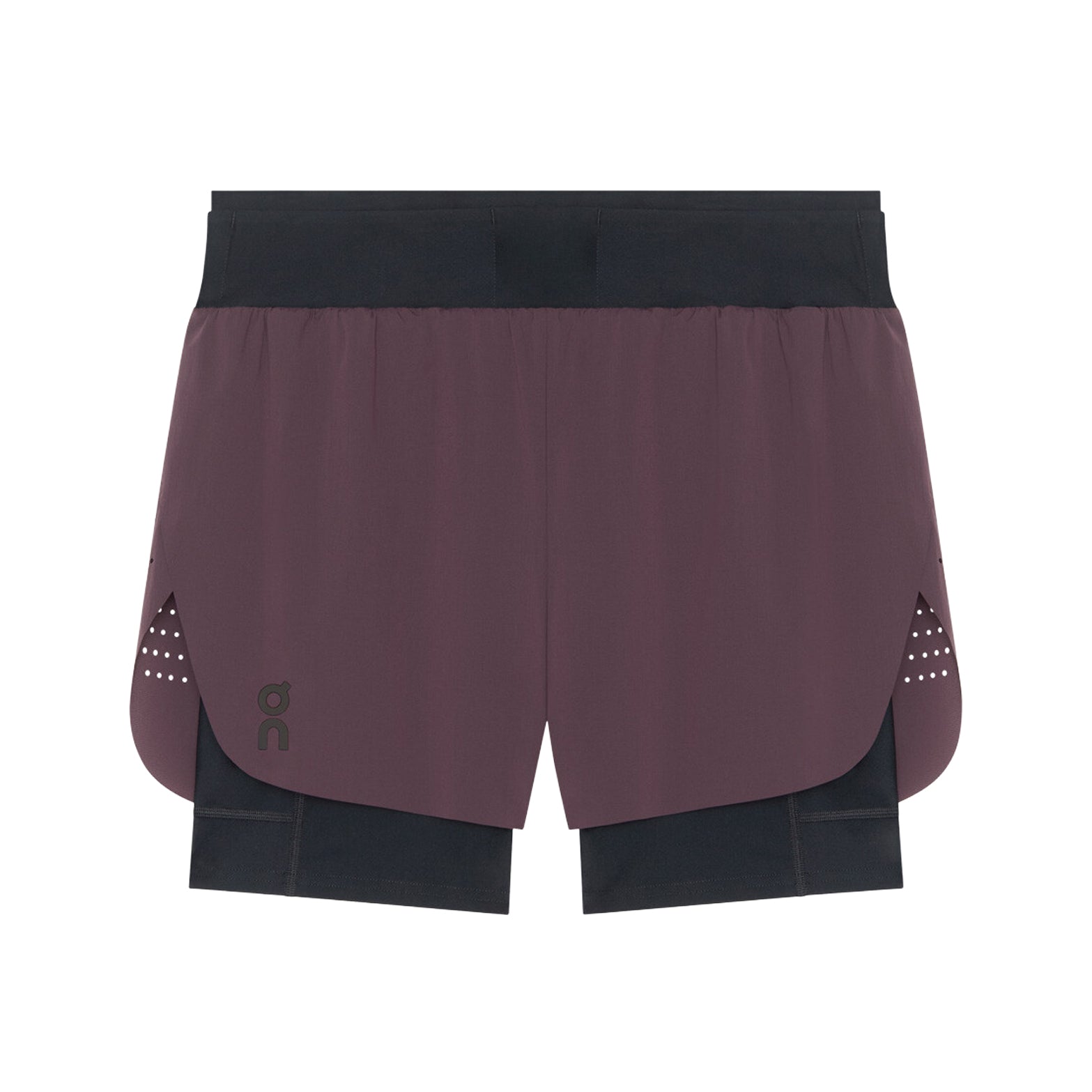 Men's On Zero 2-in-1 Shorts Urchin Black front product view showing ultralight perforated outer with On athlete-inspired graphic and two-layer waistband construction