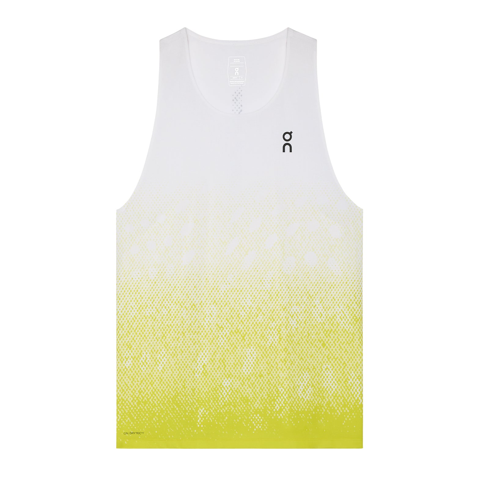 Men's On Zero Singlet White Yellow product view showing ultra-lightweight construction with On DryTec moisture-wicking fabric and athletic racer-back styling
