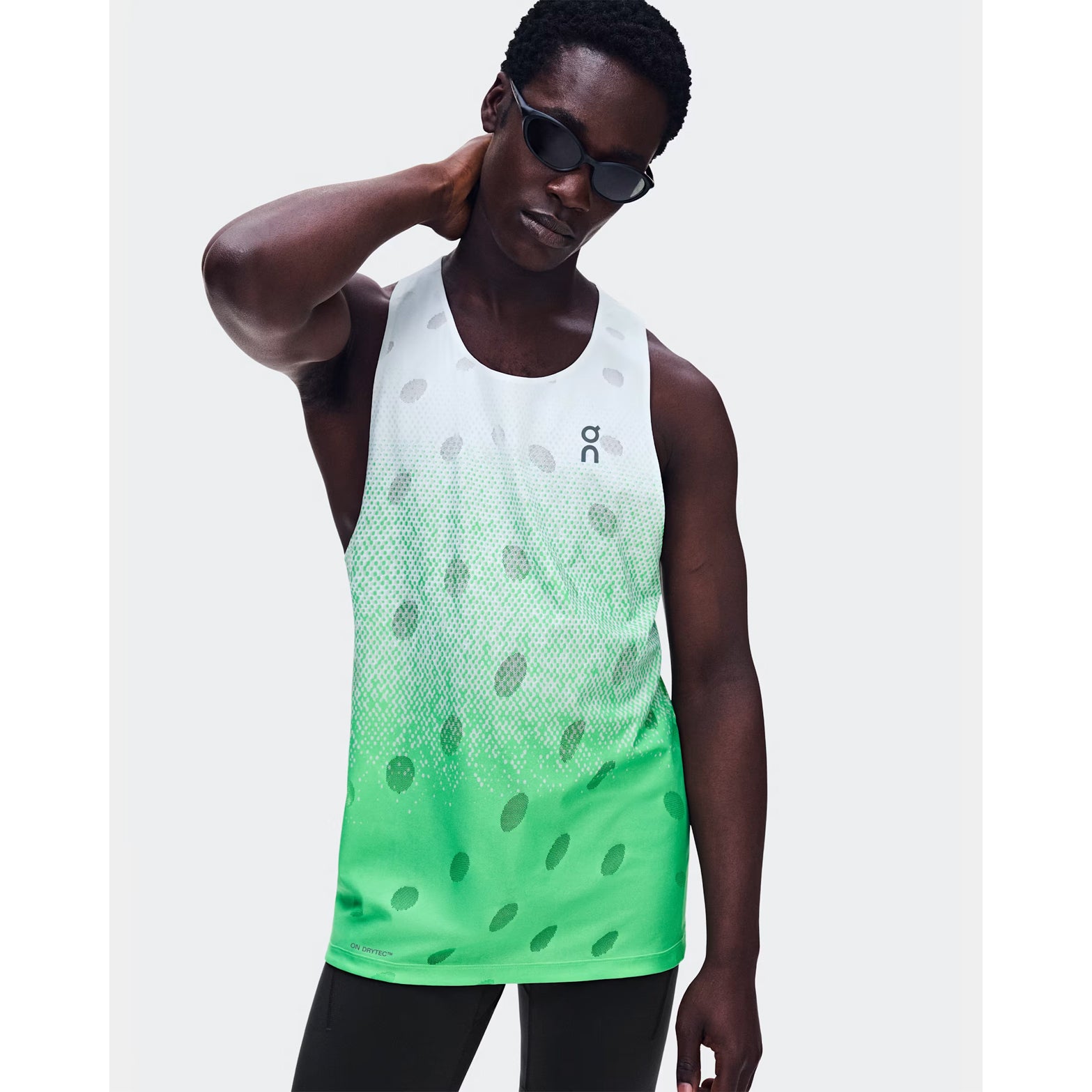 Men's On Zero Tank Breathe Verdite front view on male runner showing ultralight DryTec breathable jacquard construction with minimalist distraction-free fit for fast training