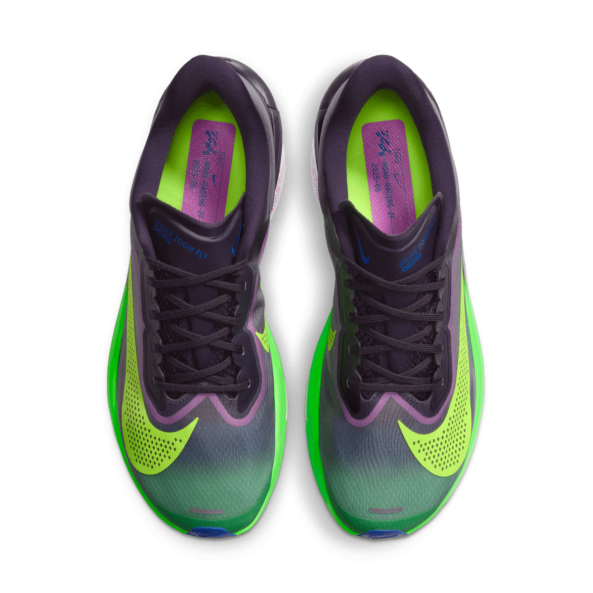 A pair of Nike Men’s Zoom Fly 6 RSG Running Shoes in Purple Dynasty, Volt, and Fuchsia Dream, featuring green and yellow gradient fronts, black laces, purple accents, and neon green inner soles, shown from above. These shoes include responsive ZoomX foam cushioning and a propulsive carbon fibre plate for enhanced performance.