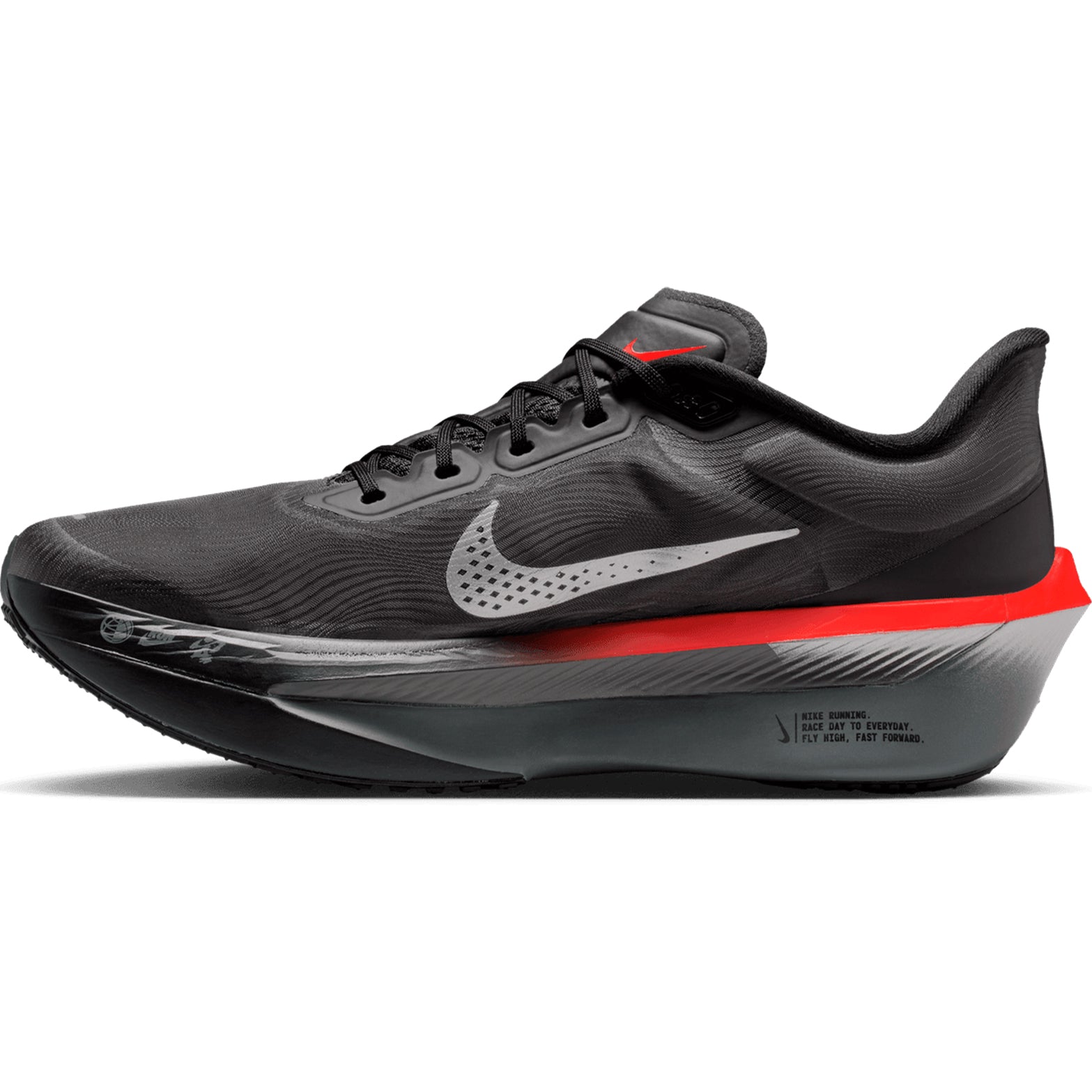 Men's Nike Zoom Fly 6 Running Shoes Black Metallic Silver Bright Crimson inner side view showing ZoomX foam midsole with carbon plate technology for responsive training