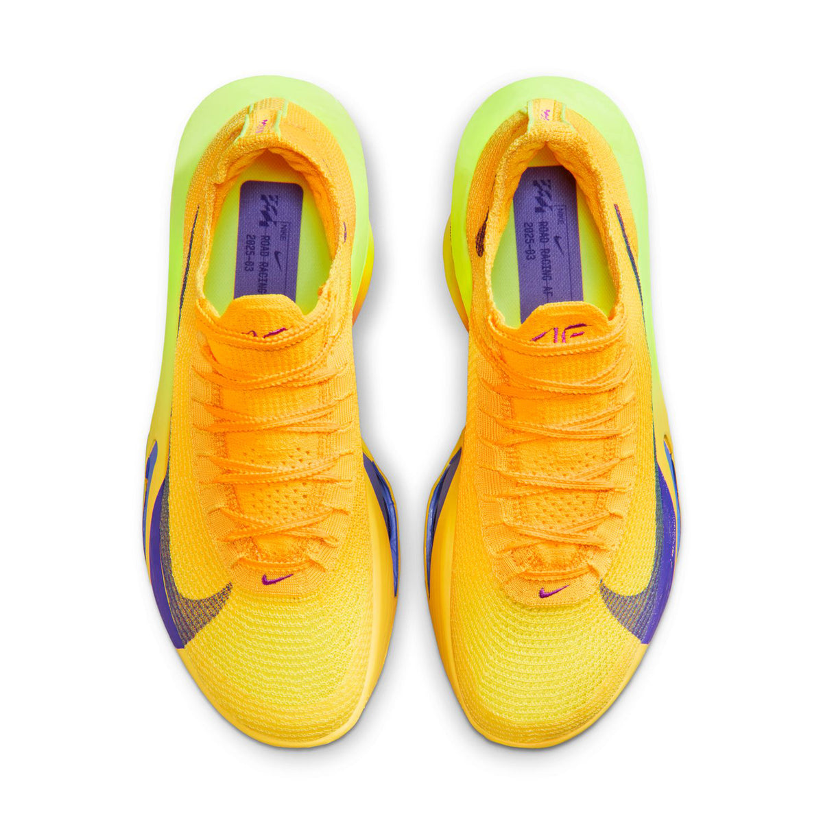 Men's Alphafly 3 Running Shoes Laser Orange Citron Pulse Volt Ice Indigo Burst pair top view showing Atomknit upper and notched laces