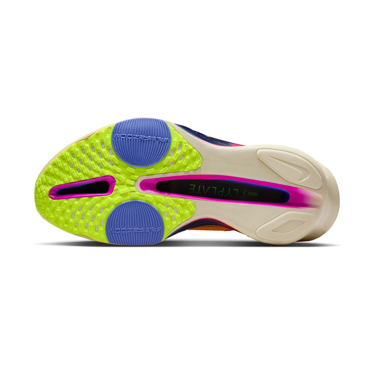 Men's Alphafly 3 Running Shoes Laser Orange Citron Pulse Volt Ice Indigo Burst sole view displaying outsole traction pattern