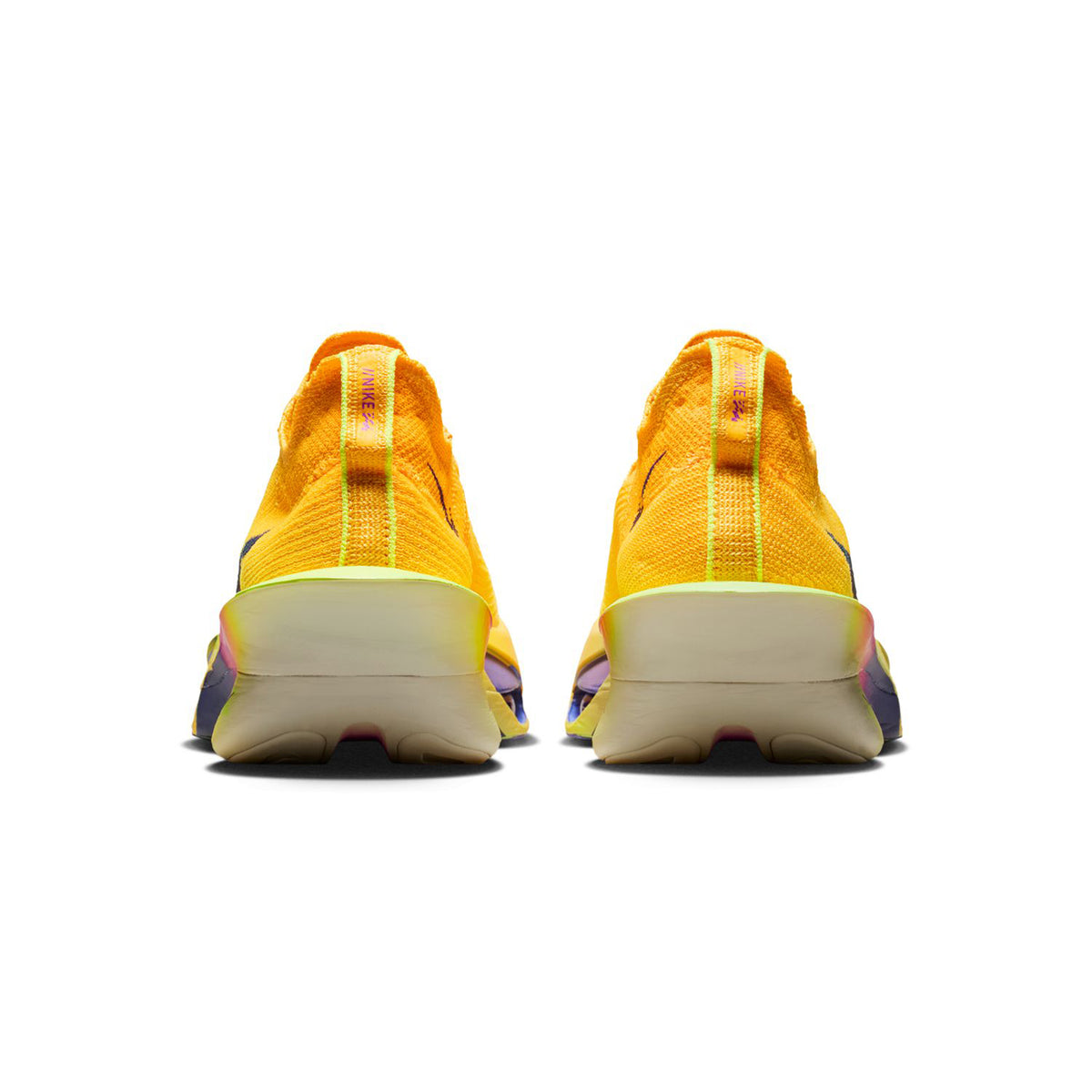 Men's Alphafly 3 Running Shoes Laser Orange Citron Pulse Volt Ice Indigo Burst pair heel view showing lightweight construction