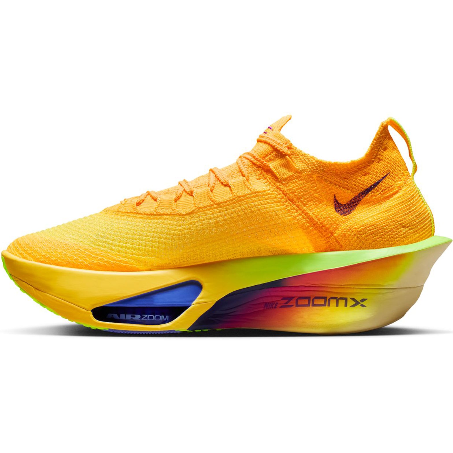 Men's Alphafly 3 Running Shoes Laser Orange Citron Pulse Volt Ice Indigo Burst inner side view with ZoomX foam midsole and Air Zoom units