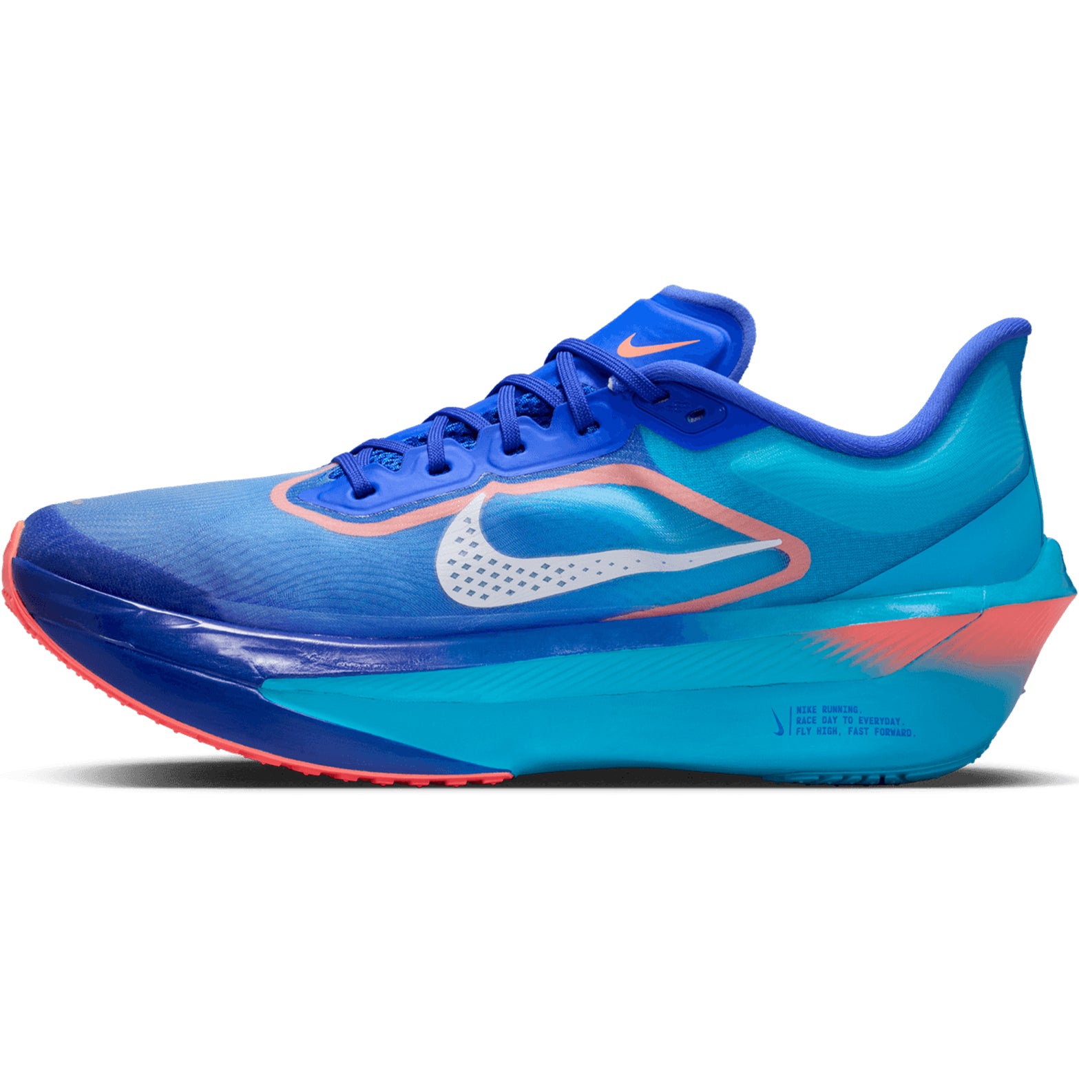 Men's Nike Zoom Fly 6 Running Shoes Racer Blue Blue Lightning Atomic Pink White inner side view showing carbon plate with ReactX cushioning for race day and training performance