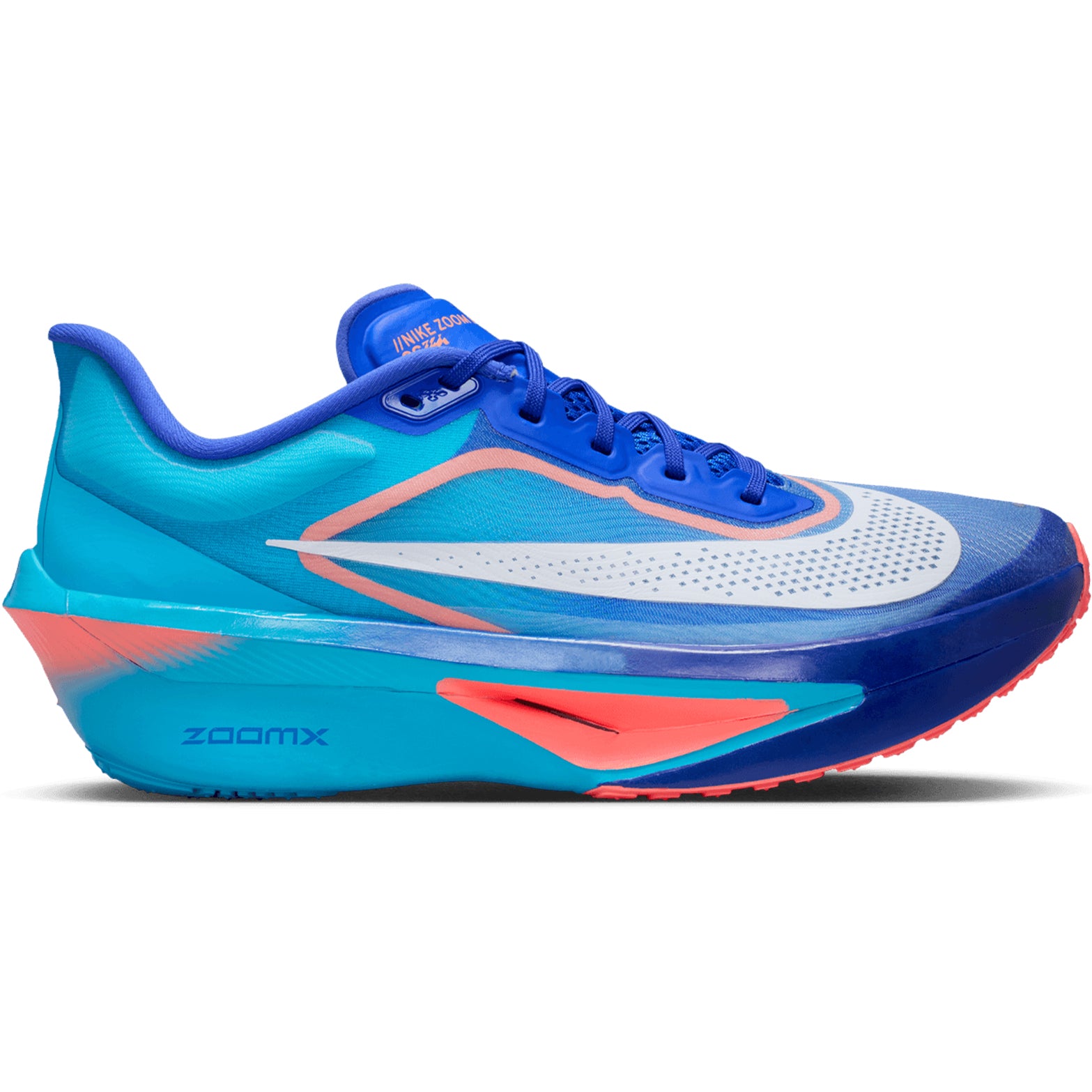 Men's Nike Zoom Fly 6 Running Shoes Racer Blue Blue Lightning Atomic Pink White outer side view showing ReactX foam with full-length carbon fibre plate for tempo running and racing