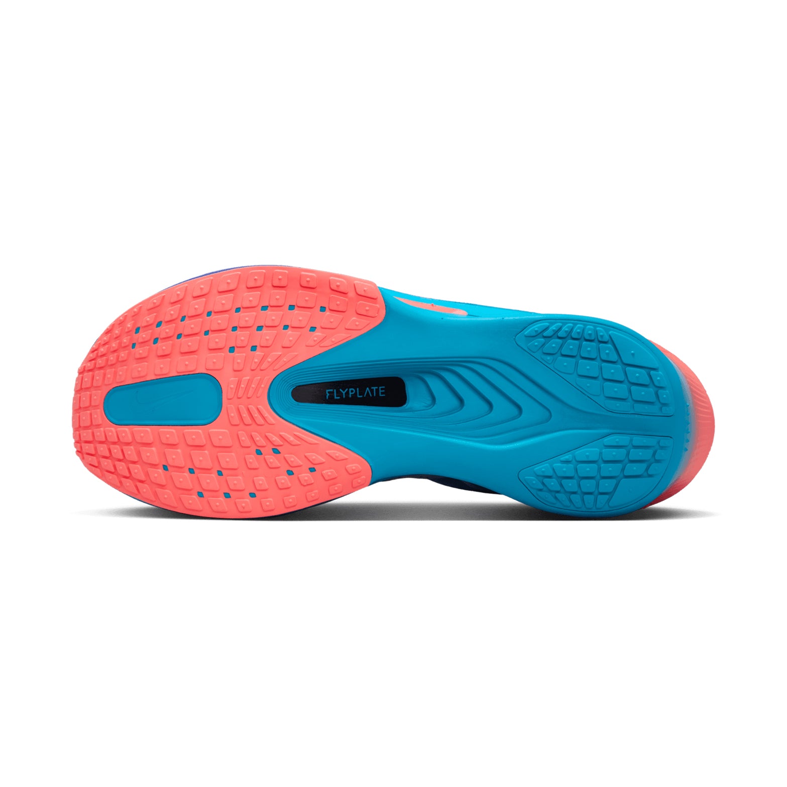 Men's Nike Zoom Fly 6 Running Shoes Racer Blue Blue Lightning Atomic Pink White sole view displaying durable outsole with ReactX foam and carbon plate for tempo training and racing