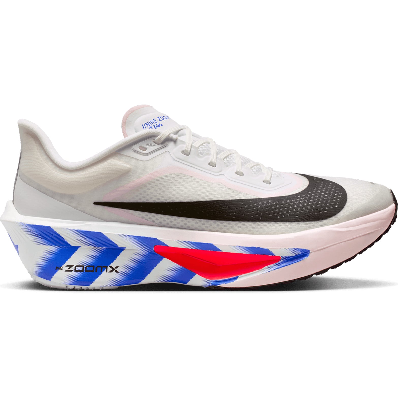 Nike Zoom Fly 6 men's running shoe in White / Silt Red / Racer Blue / Black — outer view showing white synthetic leather upper with silt red and racer blue accent detailing, black contrast and ZoomX carbon fibre plate midsole profile