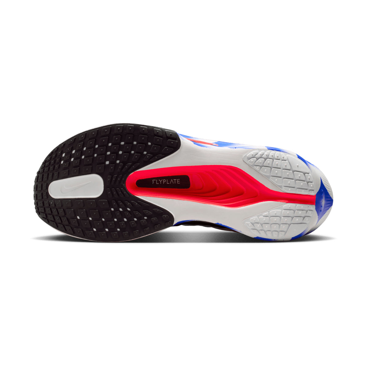 Nike Zoom Fly 6 men's running shoe in White / Silt Red / Racer Blue / Black — outsole view showing thin rubber road traction pattern and racer blue ZoomX foam midsole stack with carbon fibre plate profile