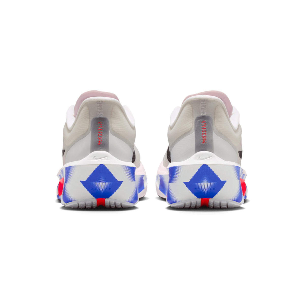 Nike Zoom Fly 6 men's running shoe in White / Silt Red / Racer Blue / Black — heel view showing heel construction, black detailing and ZoomX foam midsole contrast with carbon fibre plate profile