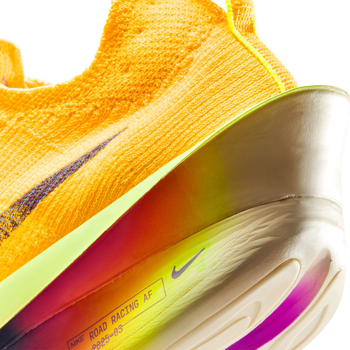 Men's Alphafly 3 Running Shoes Laser Orange Citron Pulse Volt Ice Indigo Burst angled close-up heel view showing ZoomX cushioning stack