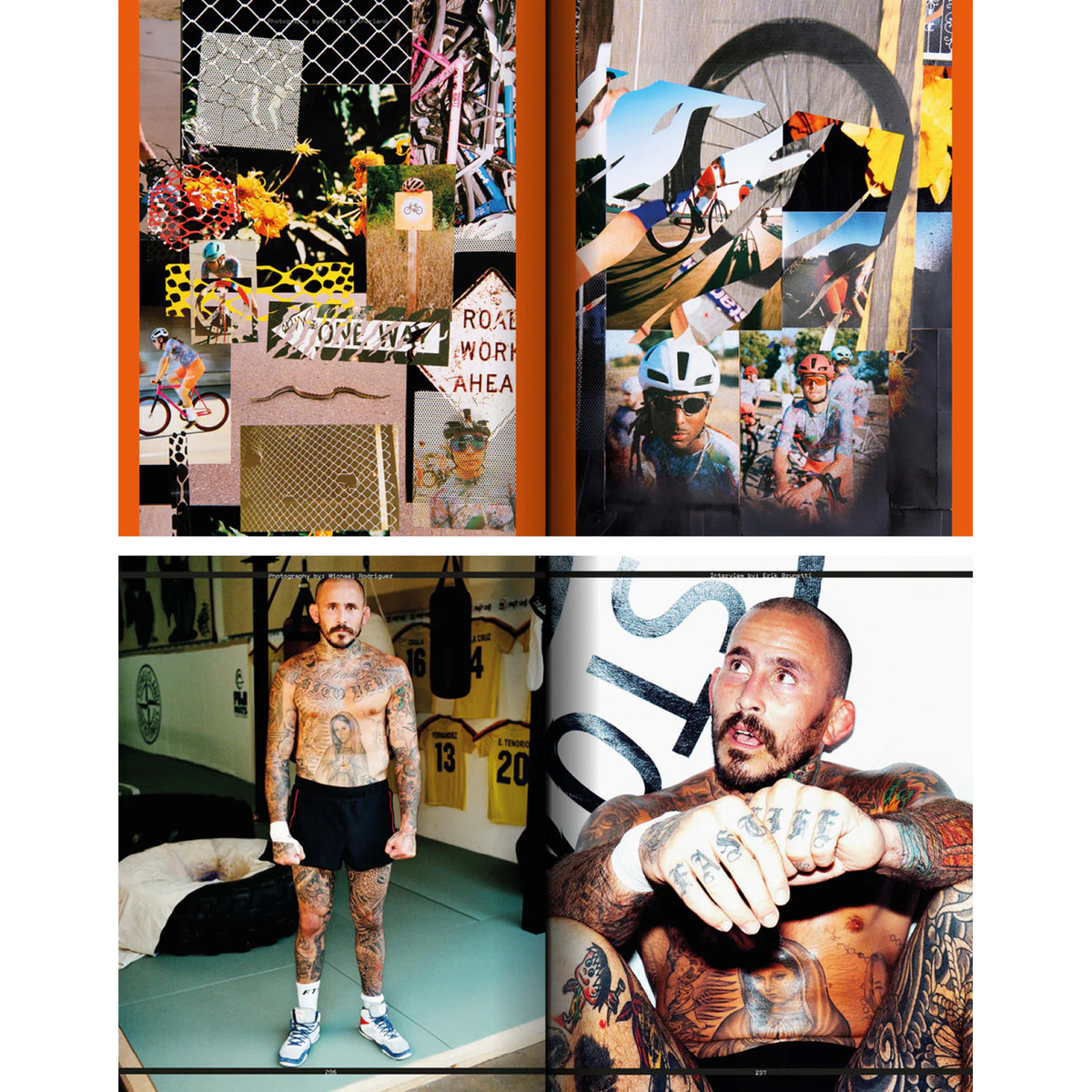 A collage of cycling and road signs appears above two photos of a tattooed man in a gym, standing and crouching amidst sports gear and boxing equipment—an energetic scene evocative of the visuals often featured in Mental Athletic magazine, perfectly capturing the spirit of modern running culture embodied by the #4 Bandit from Mental Athletic.