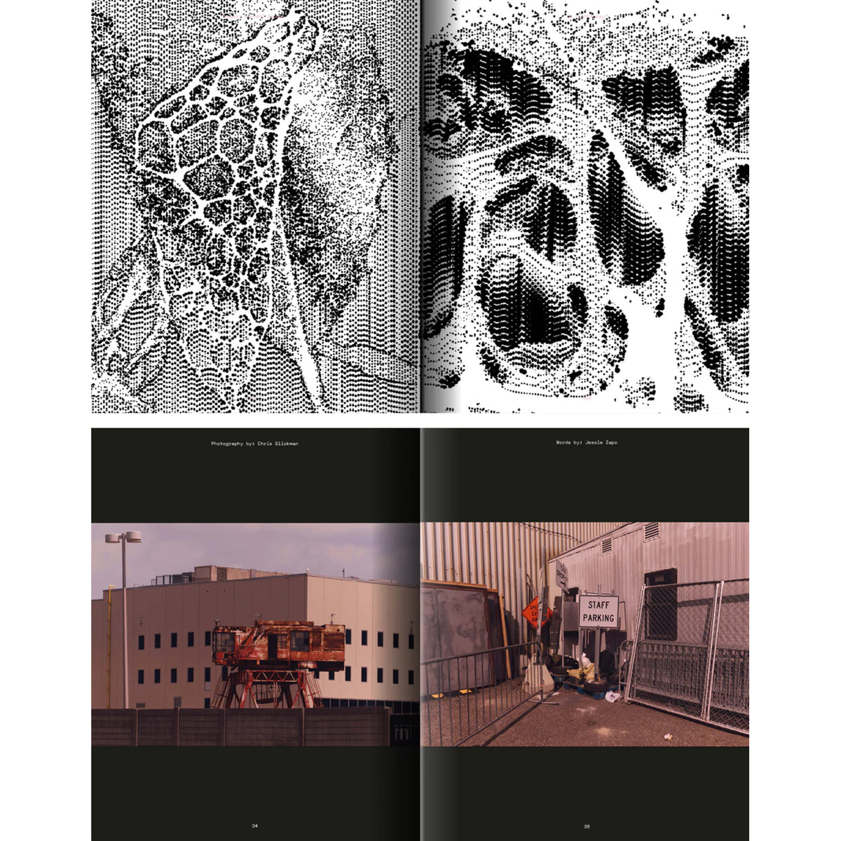 Top: Two abstract black and white close-up patterns, reminiscent of designs featured in #4 Bandit by Mental Athletic. Bottom: Industrial area with a metal structure, fenced lot, and a white container labeled STAFF PARKING beside a building at sunset—a scene echoing the raw edge of running culture.