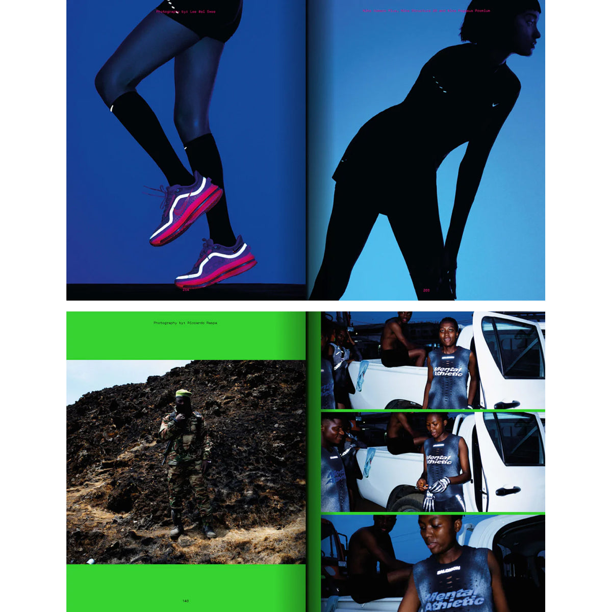 Split-page collage: Upper half shows a person in athletic wear and vibrant pink sneakers against a blue background, channeling the energetic running culture featured by Mental Athletic. Lower half presents a soldier in camouflage set outdoors alongside someone in a tank top near a white vehicle, evoking the contrasting narratives found on the #4 Bandit cover by Mental Athletic.