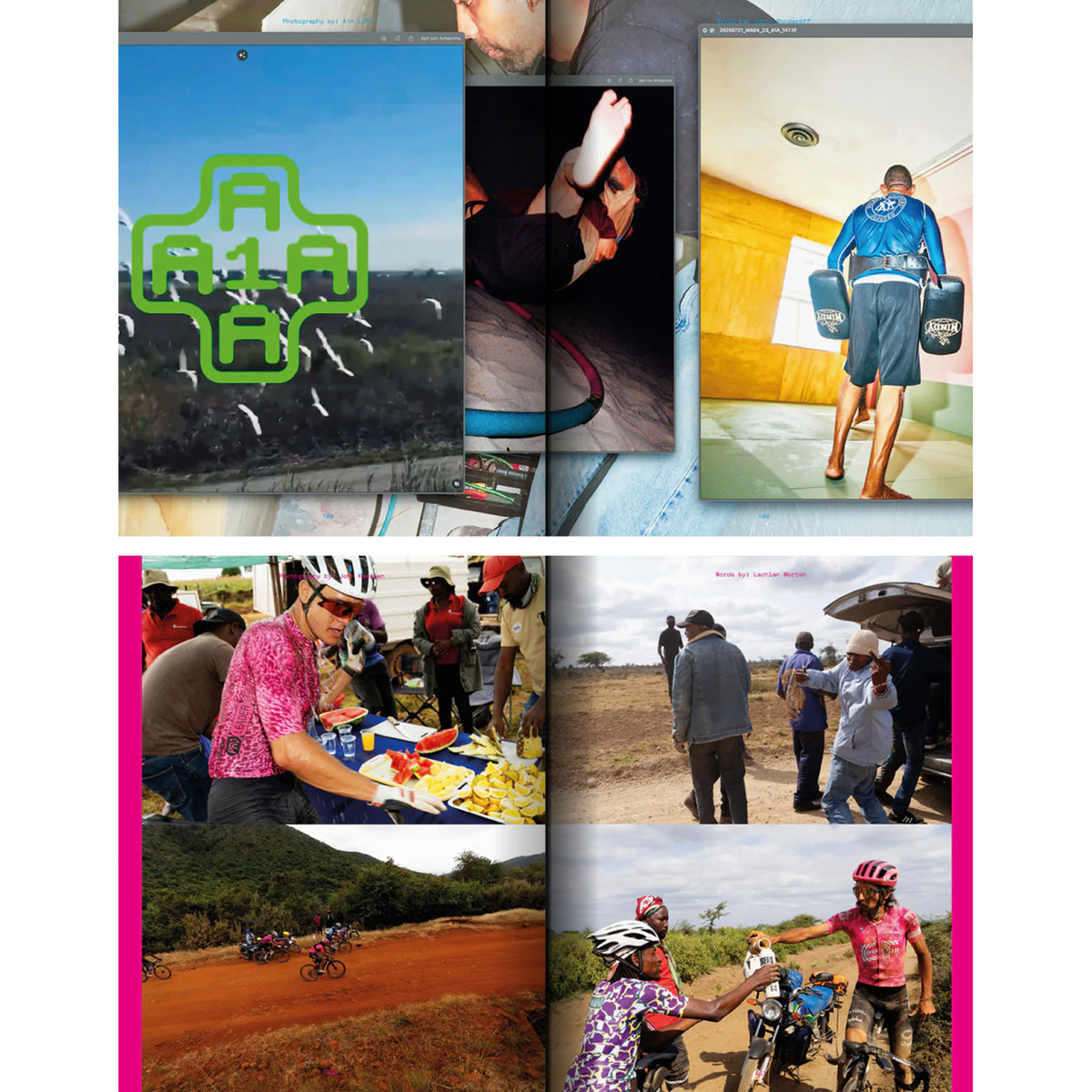 A collage of photos: a graphic design featuring the #4 Bandit and birds, people posing, cyclists in pink jerseys at a rest stop, riders biking on a trail, and a group gathered outdoors—capturing the vibrant spirit of running culture showcased by Mental Athletic.