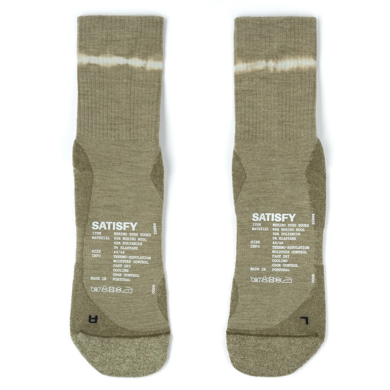 Satisfy Merino Nylon Tube Socks Covert Green front pair view showing merino wool and nylon blend with anatomically mapped zones and reflective SATISFY logo