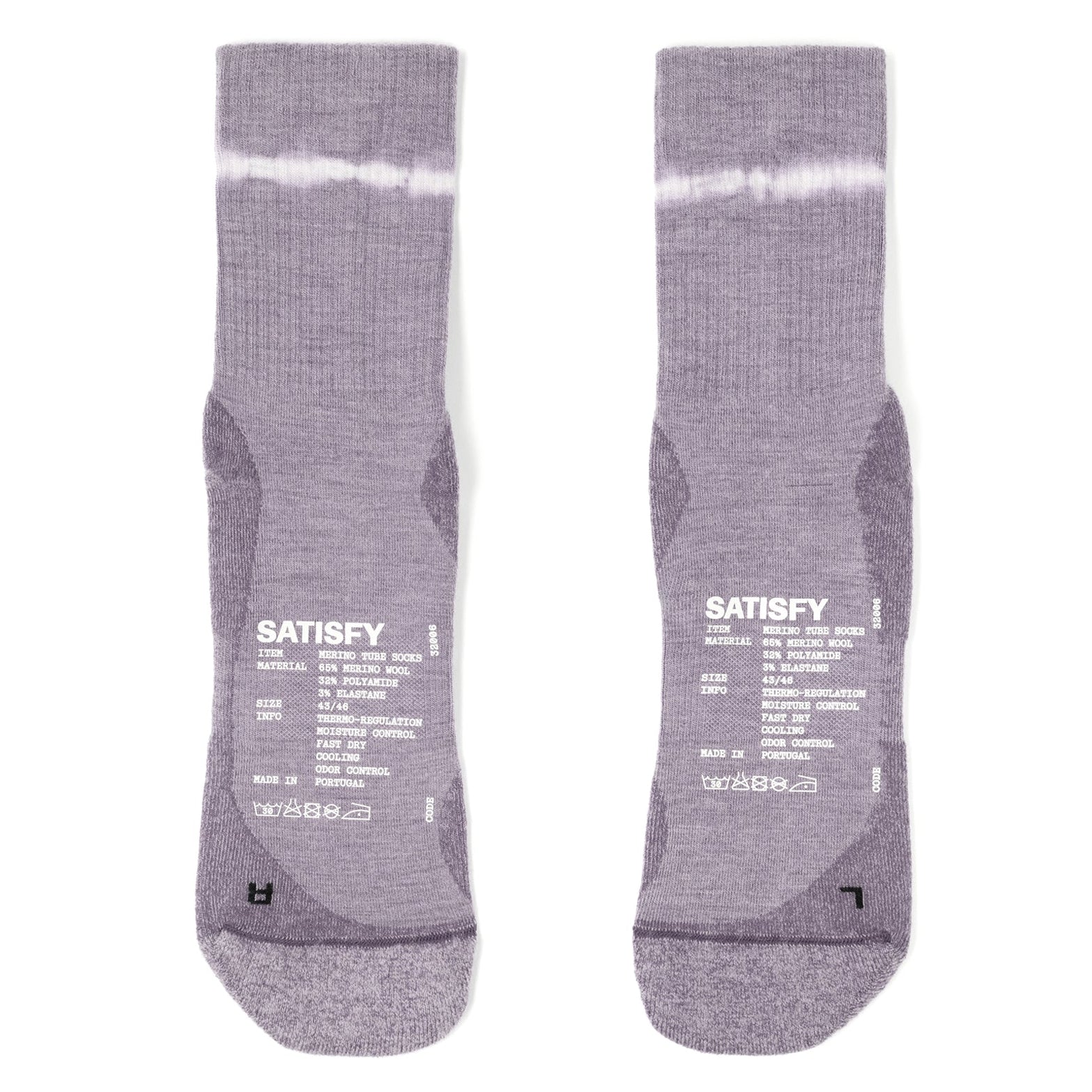 Satisfy Merino Nylon Tube Socks Dusk front pair view showing merino wool and nylon blend with anatomically mapped zones and reflective SATISFY logo