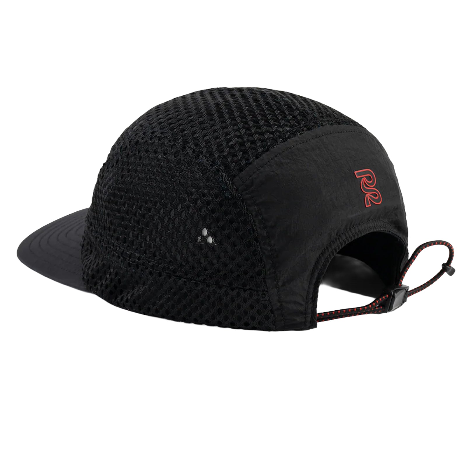 Bandit Mesh HumoFit Run Hat Black back view showing adjustable back buckle with seasonal printed woven tab and printed Bandit logo