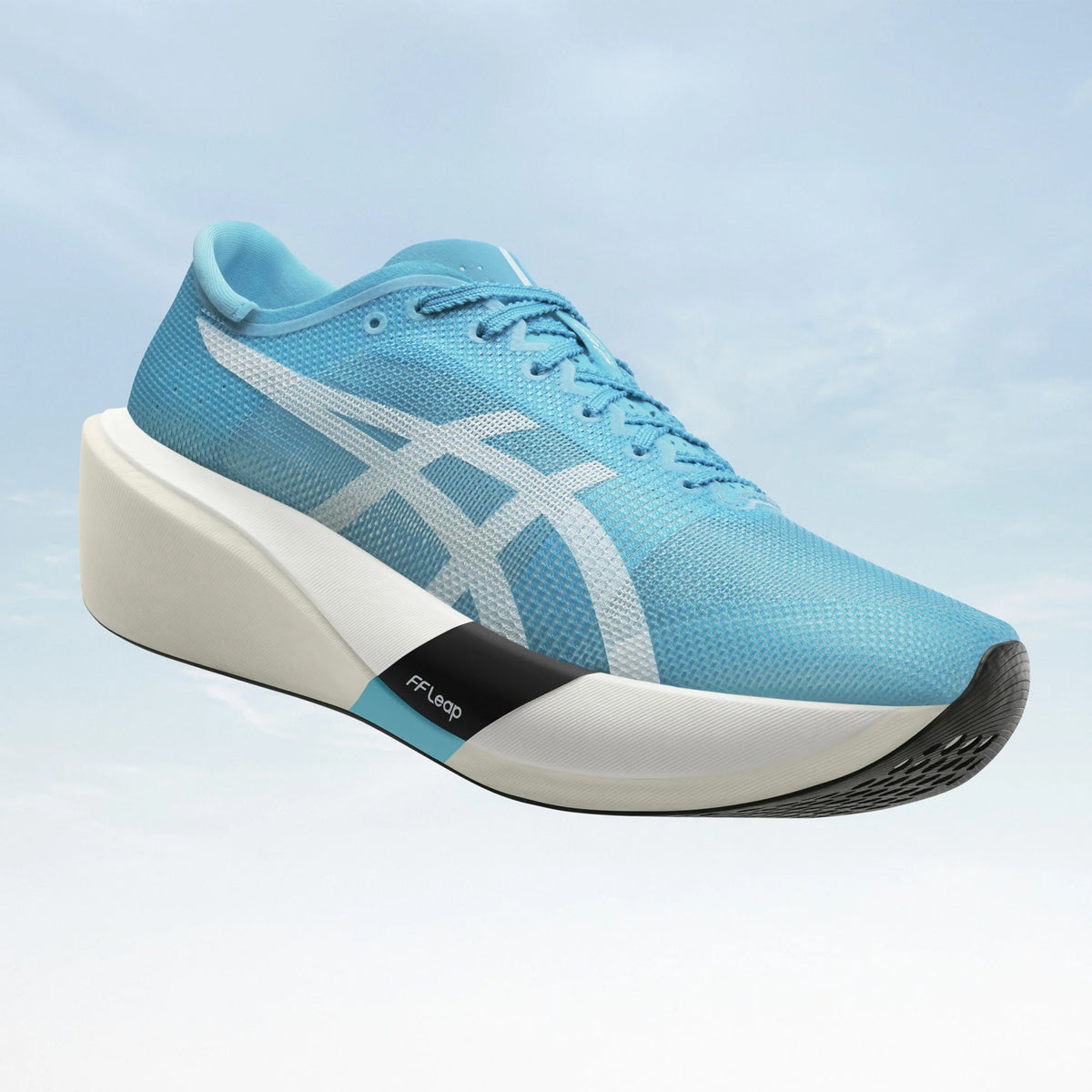 ASICS Metaspeed Edge Tokyo Running Shoes Aquarium White angled side view showing dual-layer FF LEAP and FF TURBO PLUS foam with carbon plate for ASICS pinnacle cadence-style marathon racing performance