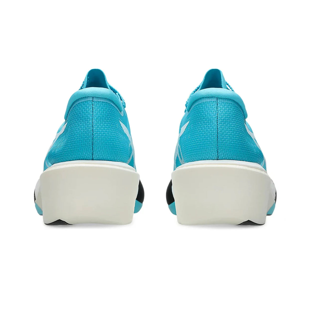 ASICS Metaspeed Edge Tokyo Running Shoes Aquarium White heel view showing FF TURBO PLUS bottom layer with FF LEAP foam and carbon plate for stable mid-stance heel support during elite racing