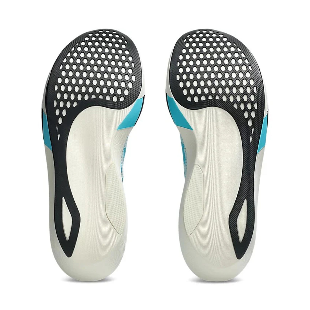 ASICS Metaspeed Edge Tokyo Running Shoes Aquarium White sole view displaying carbon plate with dual-layer foam configuration for energy conservation and cadence-style racing traction
