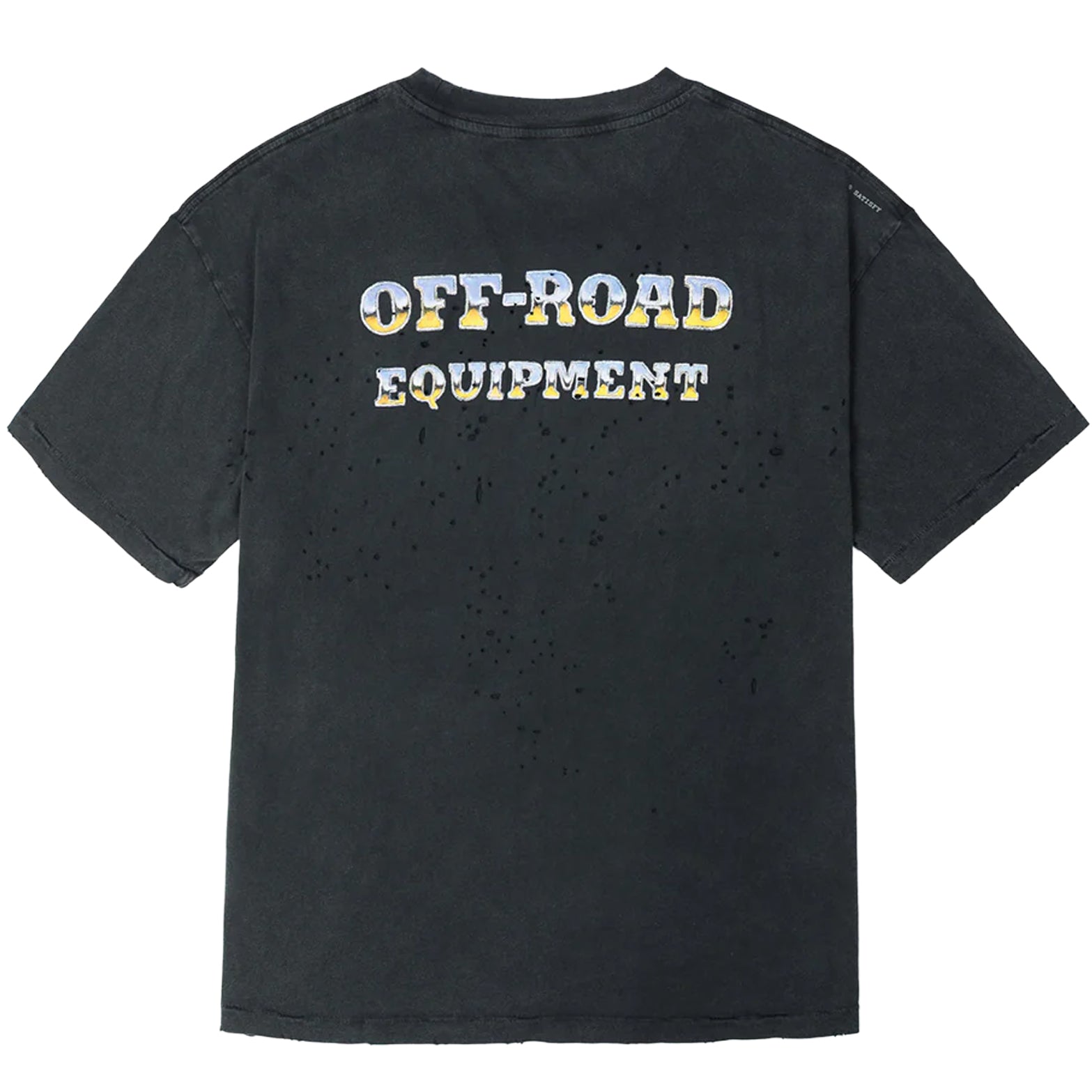 Satisfy MothTech Tee Aged Black back view showing MothTech precision-perforated construction with stealth-reflective logo and mapped ventilation pattern