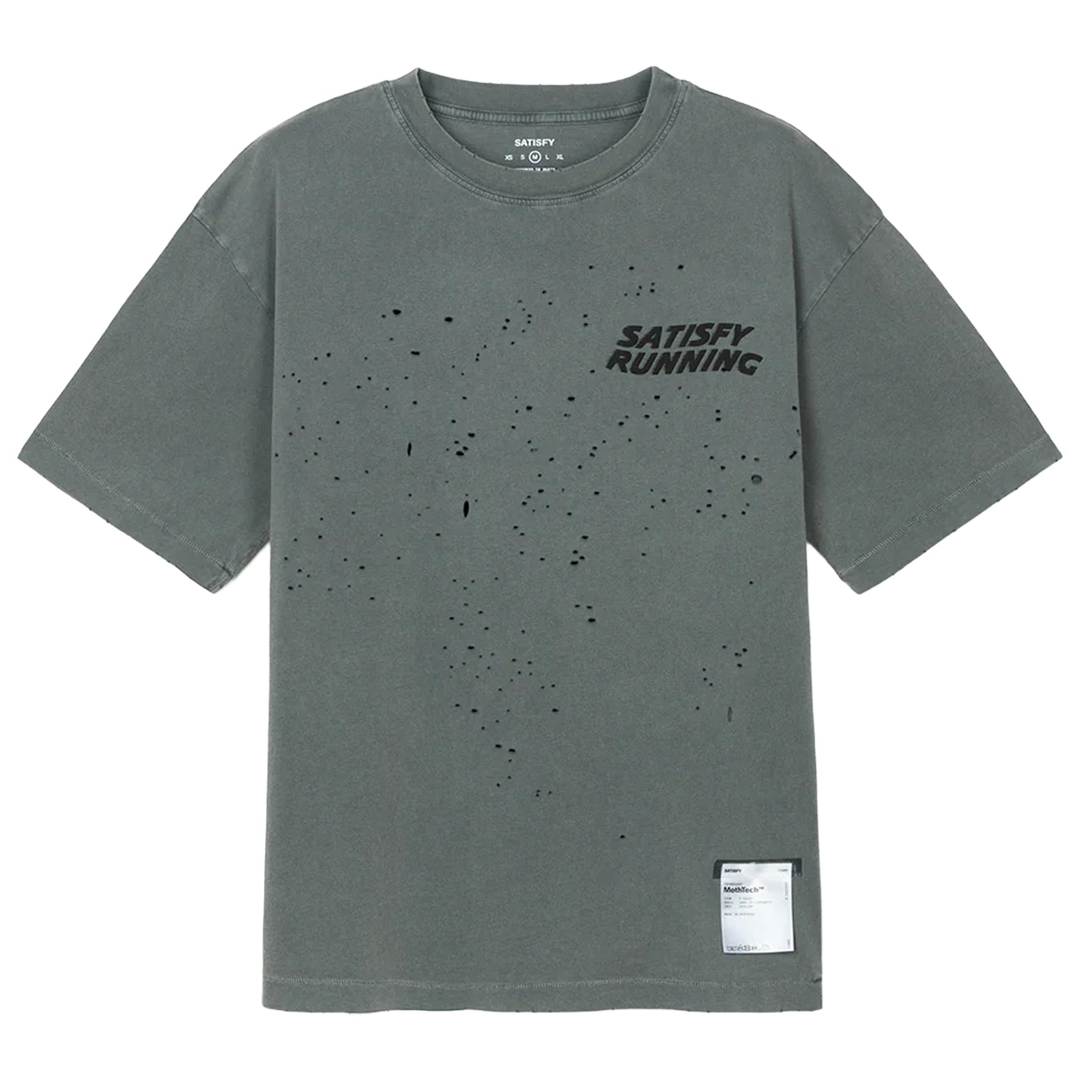 Satisfy MothTech Tee Faded Black front product view showing 175-gram organic cotton from Portugal with precision laser-cut perforation and SATISFY logo in puffy ink