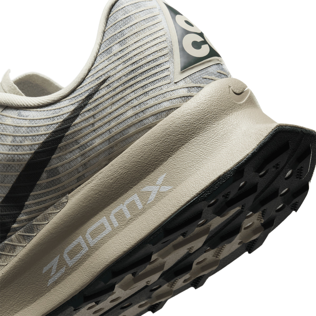 Nike ACG Ultrafly Trail Racing Shoes Spruce Fog Sea Glass Black Spruce angled side and heel view showing ultra-responsive ZoomX foam with softer carbon plate, Vibram Megagrip outsole and water-drainage upper for lightweight technical trail racing