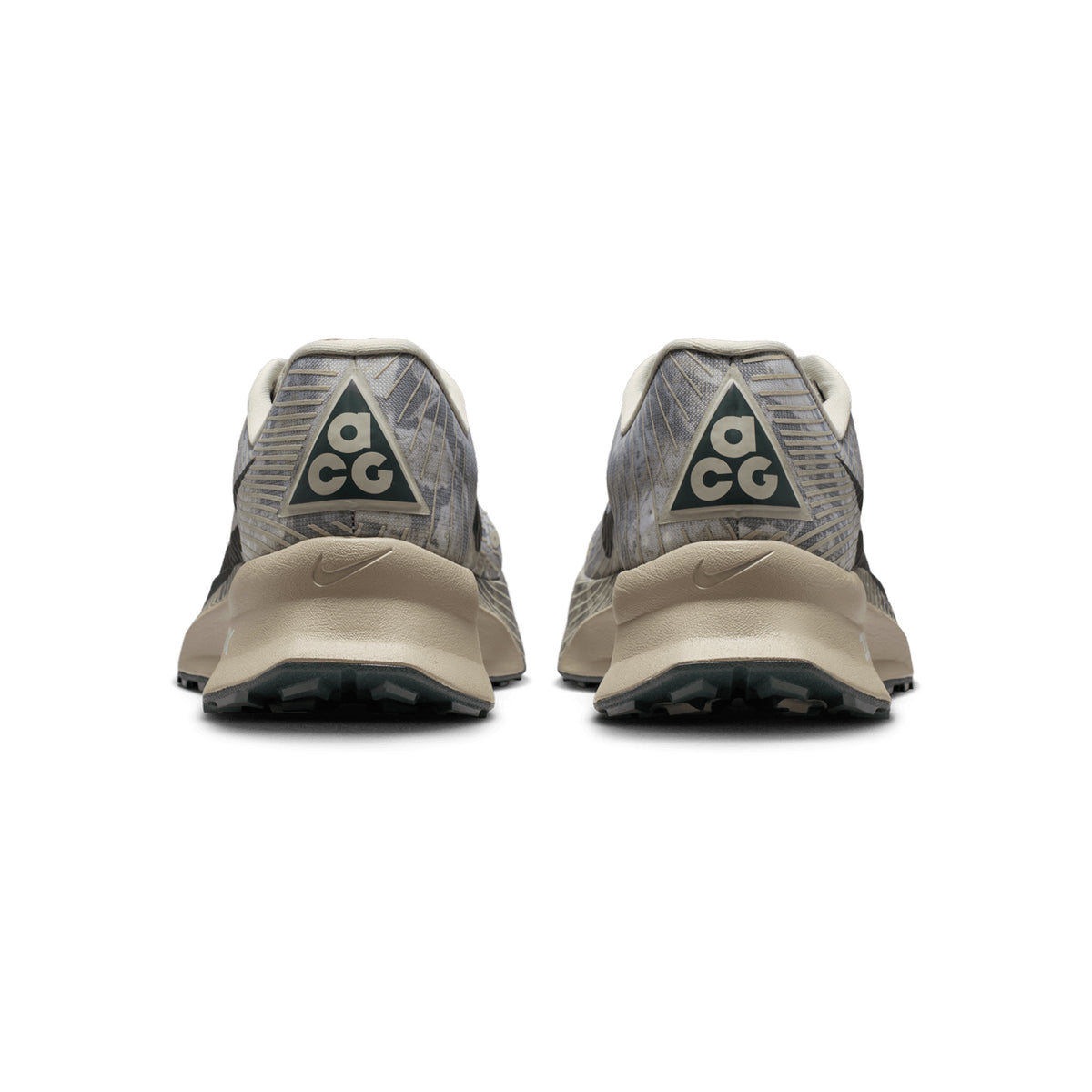 Nike ACG Ultrafly Trail Racing Shoes Spruce Fog Sea Glass Black Spruce heel view showing unwrapped ZoomX foam with full-length carbon plate and Vibram Megagrip for responsive cushioned trail racing