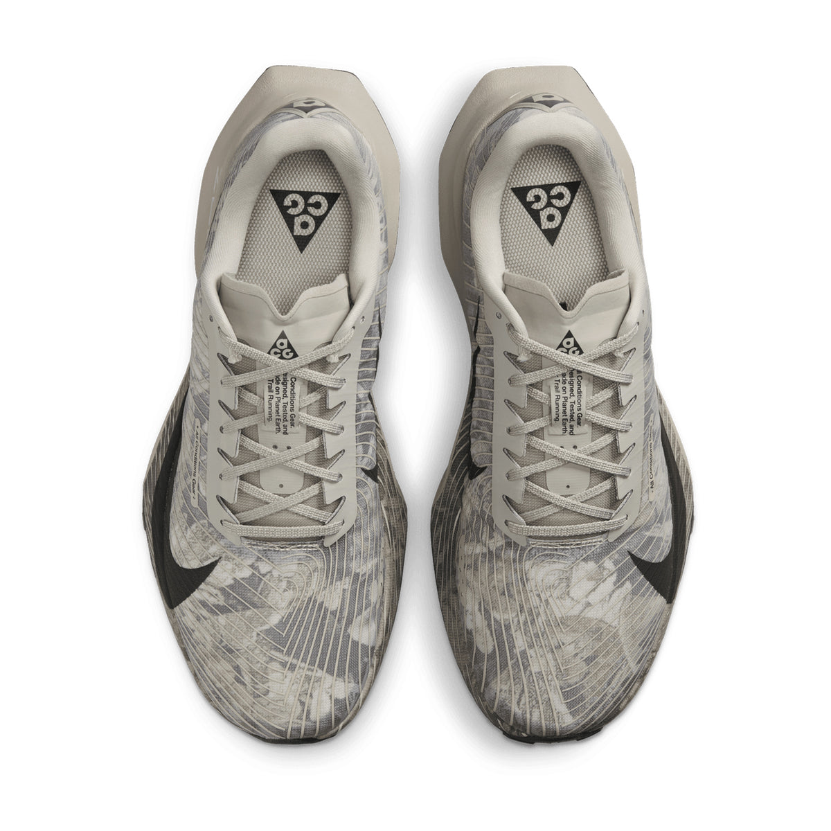 Nike ACG Ultrafly Trail Racing Shoes Spruce Fog Sea Glass Black Spruce top view showing lightweight water-drainage upper with breathable durable construction for wet technical trail racing